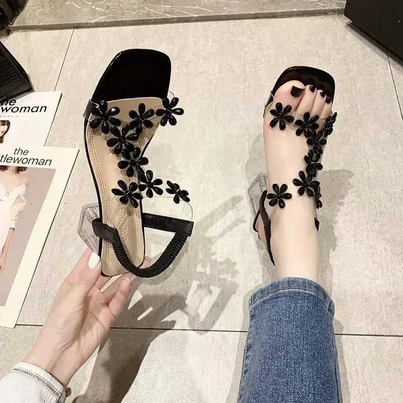 2025 Summer Fashion Womens Elegant High Heels Sandals PVC Crystal Flower Chunky Heel Peep Toe Back Strap Elastic Shoes Zapatos W250814