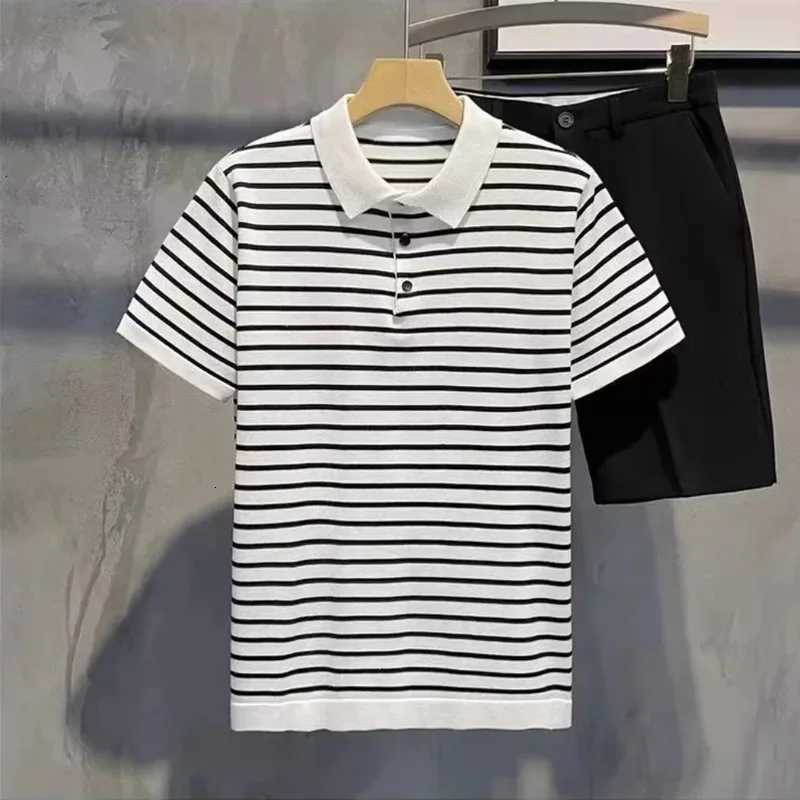 Summer Ice Silk T-Shirt Casual Slim Fit Lapel Breathable Quick Drying Mens Golf Polo Shirt Striped Short Sleeved Business Top XJ250804