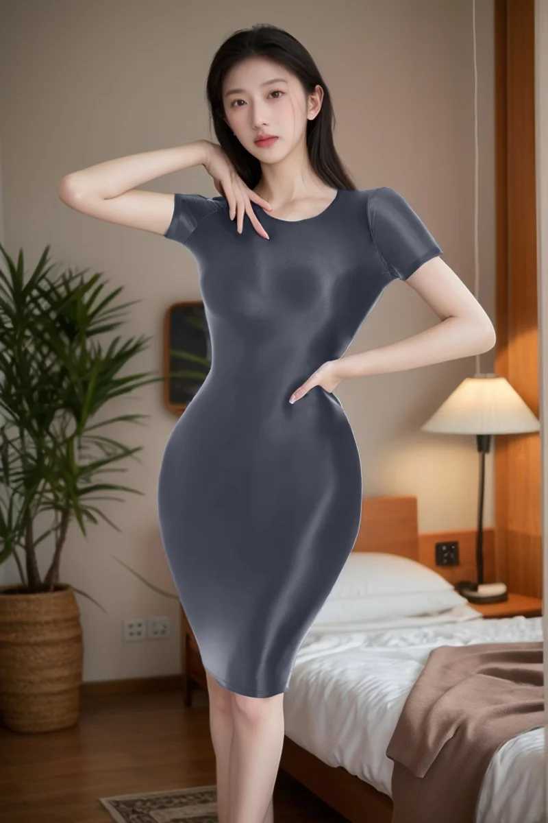 Sexy Women Sheer See Through Oil Glossy Micro Mini Dress Tight Packet Hip Step Dress Smooth Pencil Dress Candy Color XJ250814