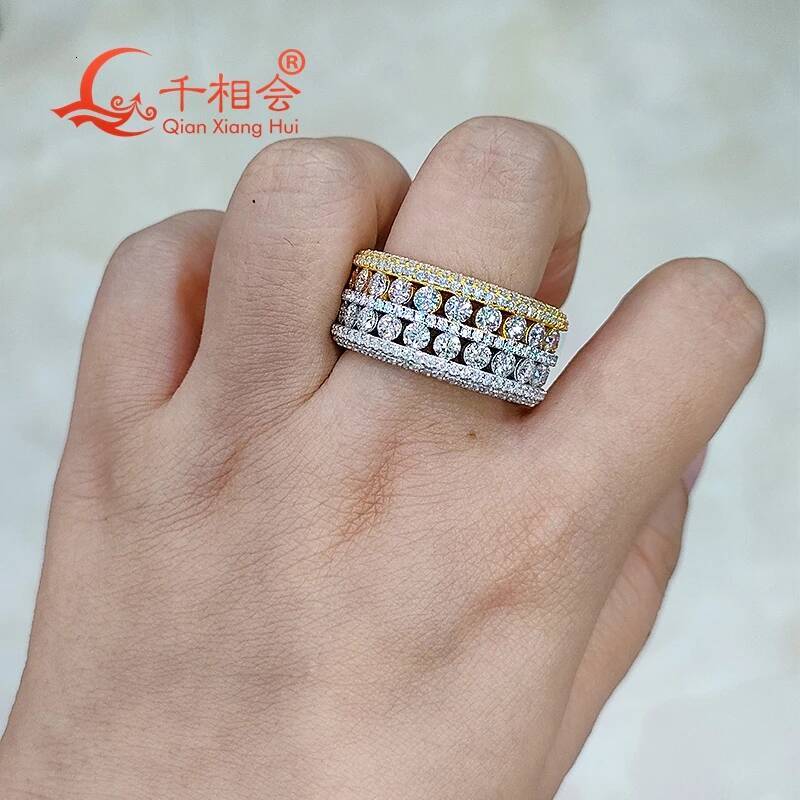 Double Color Yellow And Silver 11.8mm Full Moissanite Ring with round Brilliant Diamonds - Engagement Wedding Jewelryr Men Women