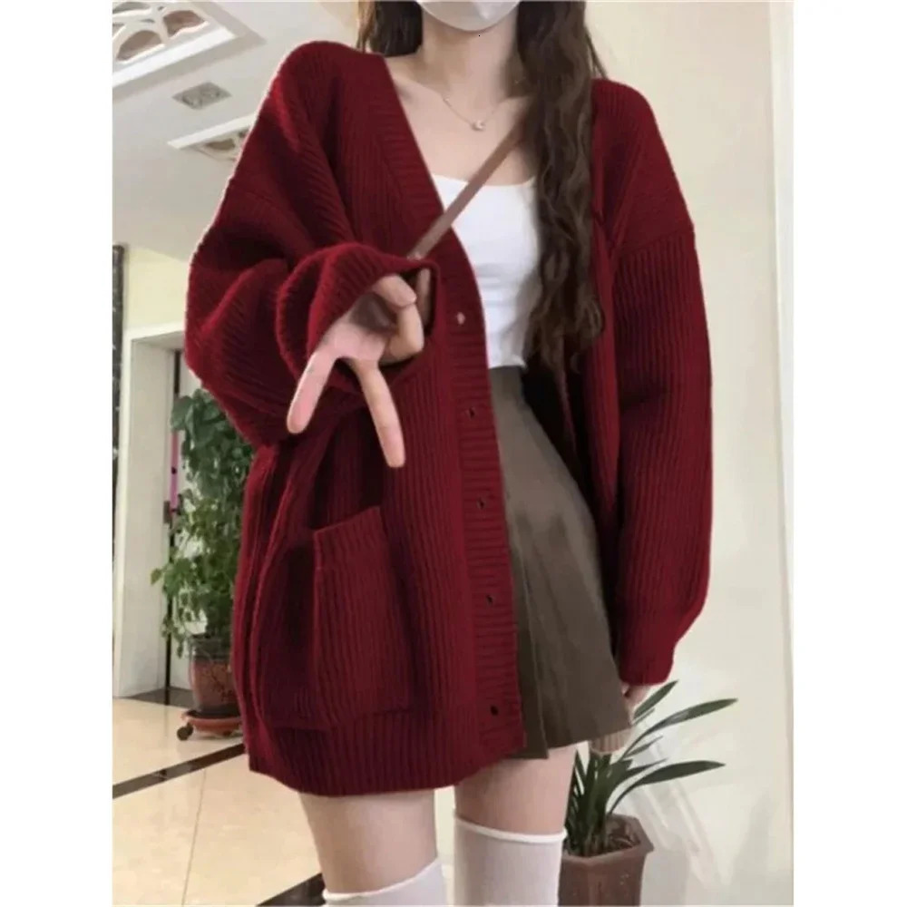 Lazy Style Knitted Cardigan Jacket Female Burgundy Sweater Students Autumn Winter Loose Oversized Year Trendy Coat Tops Gift 250812