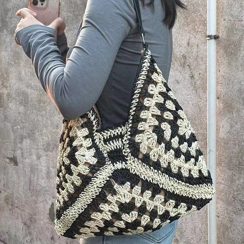 Handmade Straw Hollow Square Flower Large Triangle Color-Block Woven Vacation Beach Single Shoulder Tote Bag for Women