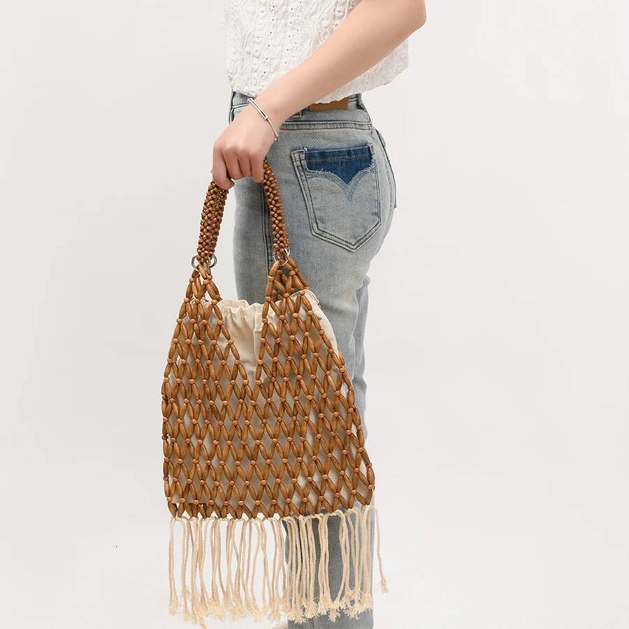 Summer Braided Bead Purse Handbags Solid Color Hollow-out Woven Tote Female Travel Fringe Beach Reticulate netted Canvas Clutch high-quality