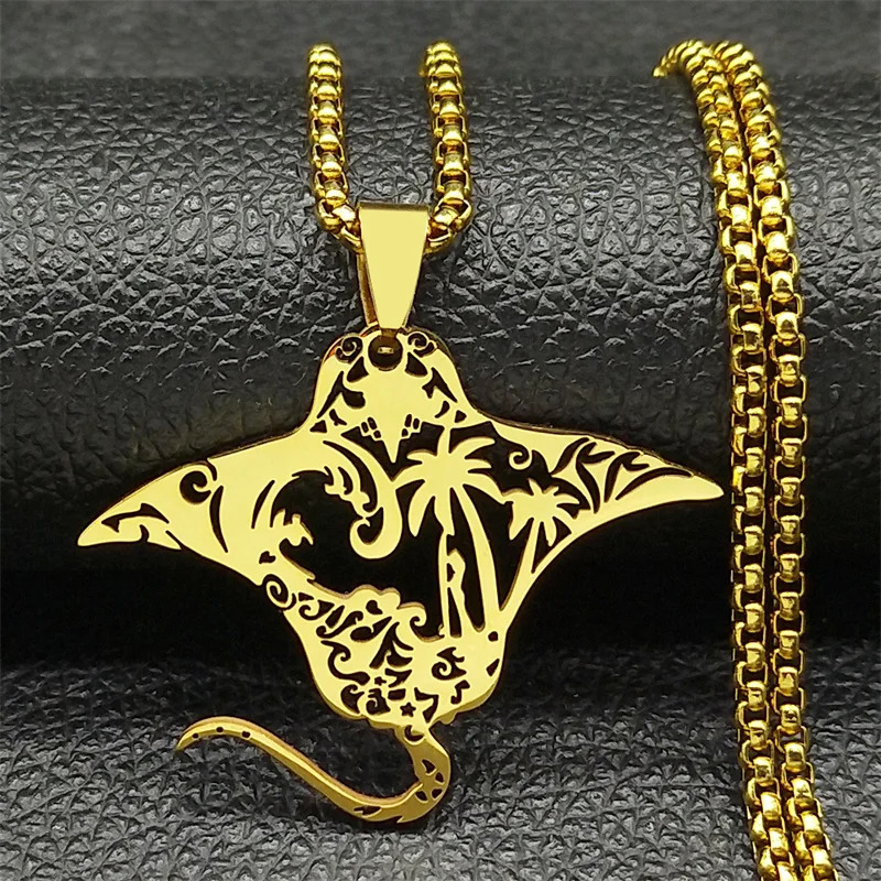 Cute Manta Ray Sea Devil Fish Pendant Necklace For Women Men Stainless Steel Gold Silver Color Coconut Tree Nature Chain Jewelry 250812