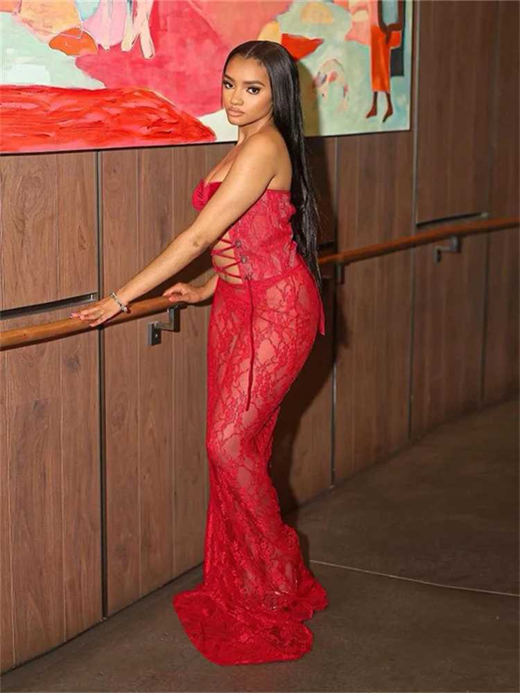 Nibber Lace Sexy Women Maxi Dress nning Coquette See Through Patchwork Strapless Bodycon Nightclub Dress XJ250814