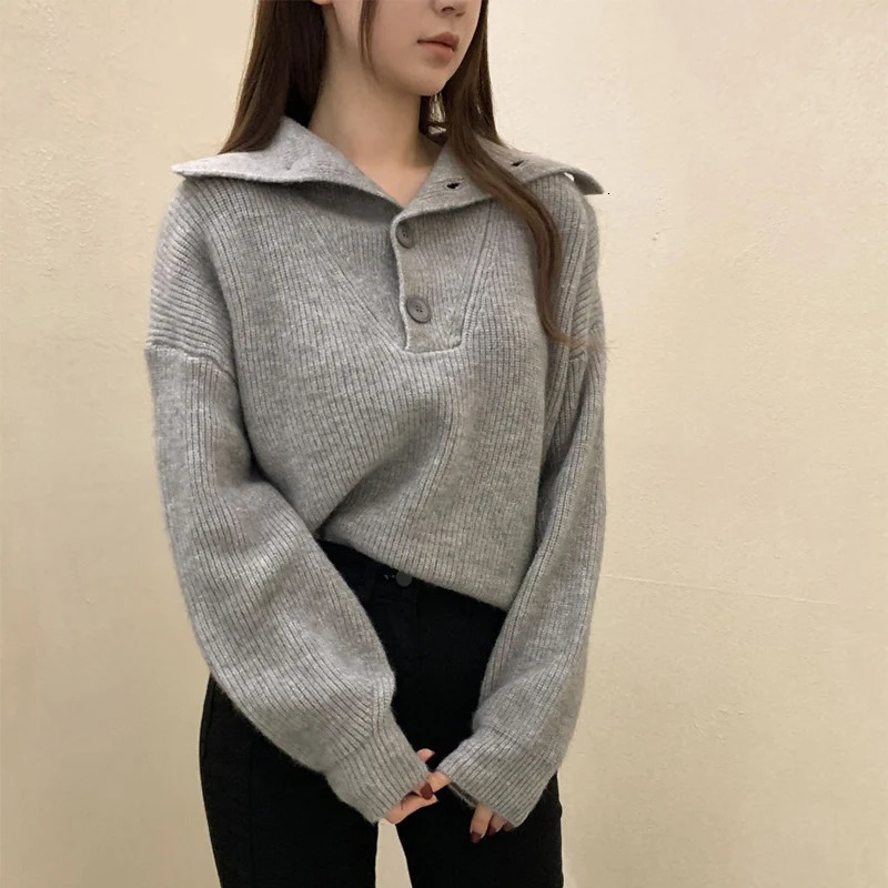 Fashion Turn Down Collar Knitted Sweaters Women Korean Buttons Loose Pullovers Autumn Winter Solid Color Streetwear Jumper Tops 250808