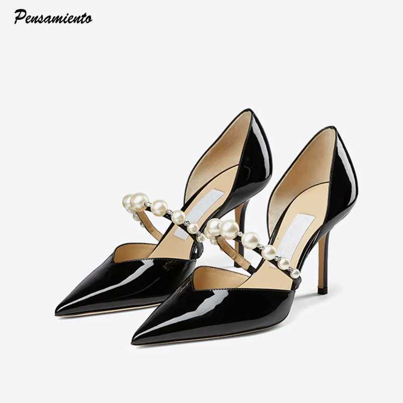 Star Style Luxury Pearls Rhinestones Patent Leather Women Pumps Elegant Pointed Toe Thin High Heels Female Party Wedding Shoes W250814