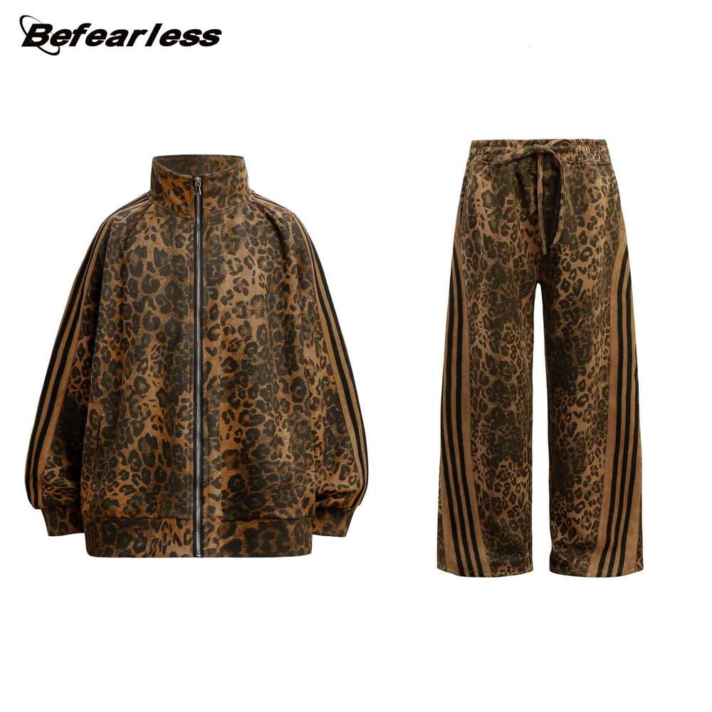 American Style Trendy Leopard Print Design Sweatshirt Set Men Women, Loose Fit, Unique Stand Collar Cardigan Jacket For Autumn And Winter B5