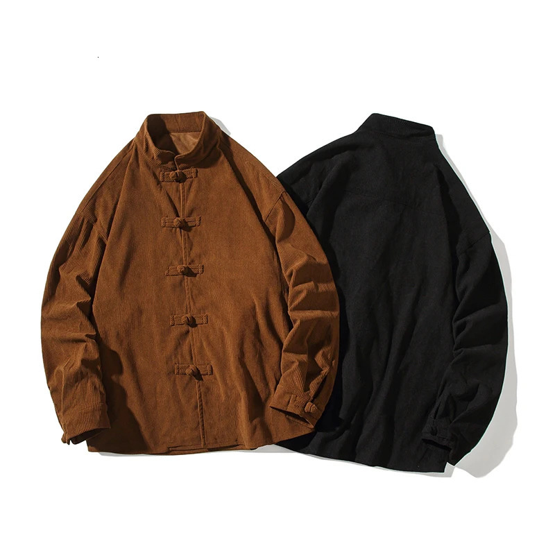 chinese style solid color Shirts for Men Corduroy Buckle Long-sleeved Shirt Autumn and Winter Tang Coat Zhongshan Coat 250813