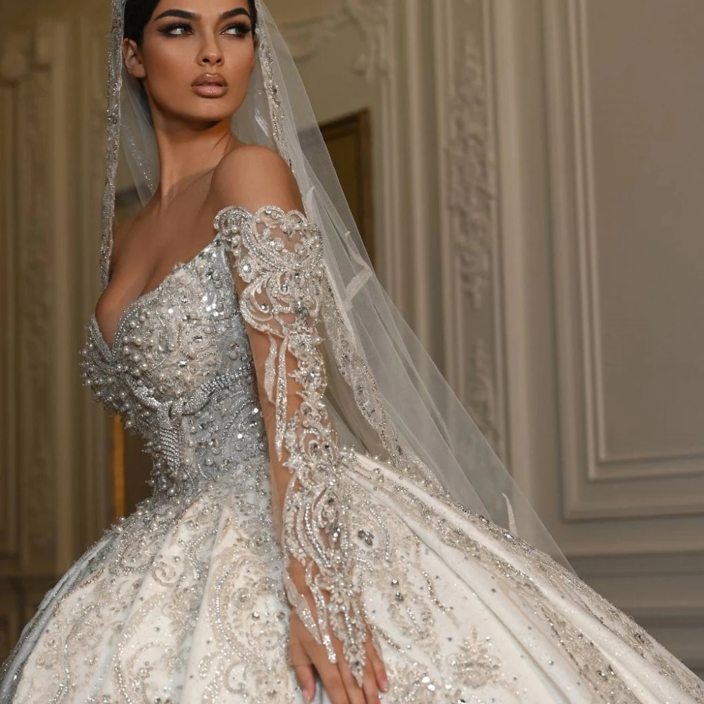 Elegant Sequined Beading Wedding Dress Ball Gown Fashion Off The Shoulder Lace Bridal Dress Customized vestidos de novia