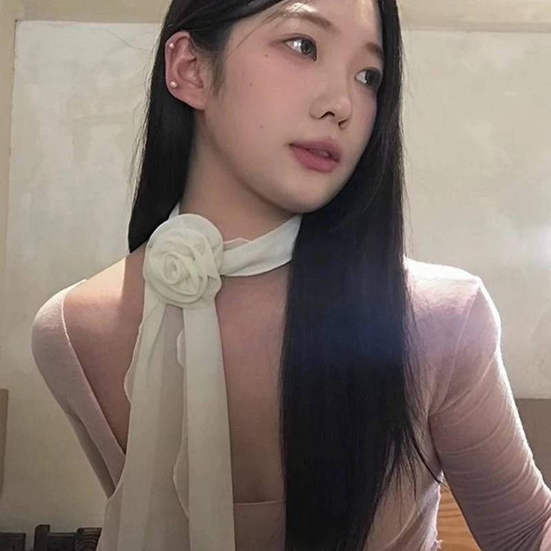 Women French Long Rose Flower Silk Scarf Flutter Shirt Y2K Fashion Temperament Accessories Summer Sunscreen Sunshade Scarfs 250813