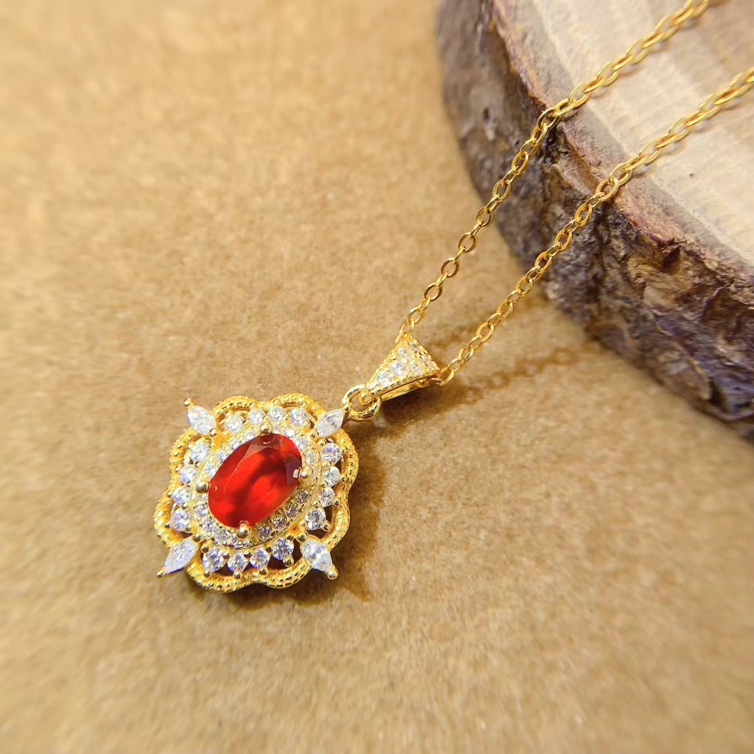 18K gold plated 925 silver fanta garnet pendant 5mm*7mm natural garnet necklace pendant 45cm 925 silver necklace