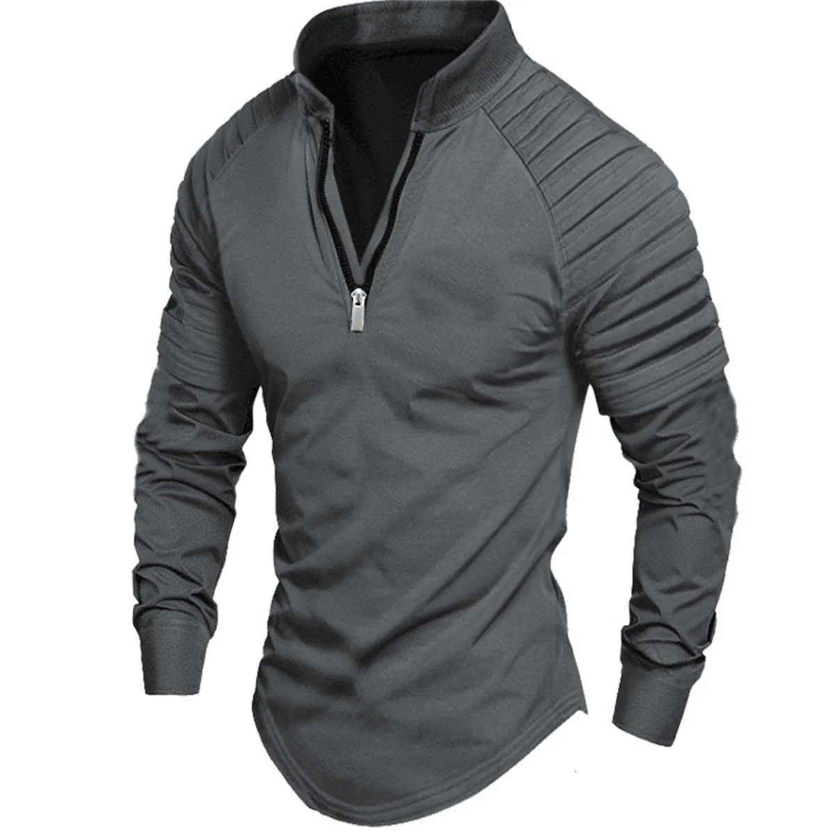 Spring and Autumn Mens Outdoor High Street Style Solid Color Zipper Arm Wrinkle Muscle Sports Long Sleeve POLO shirt 250813