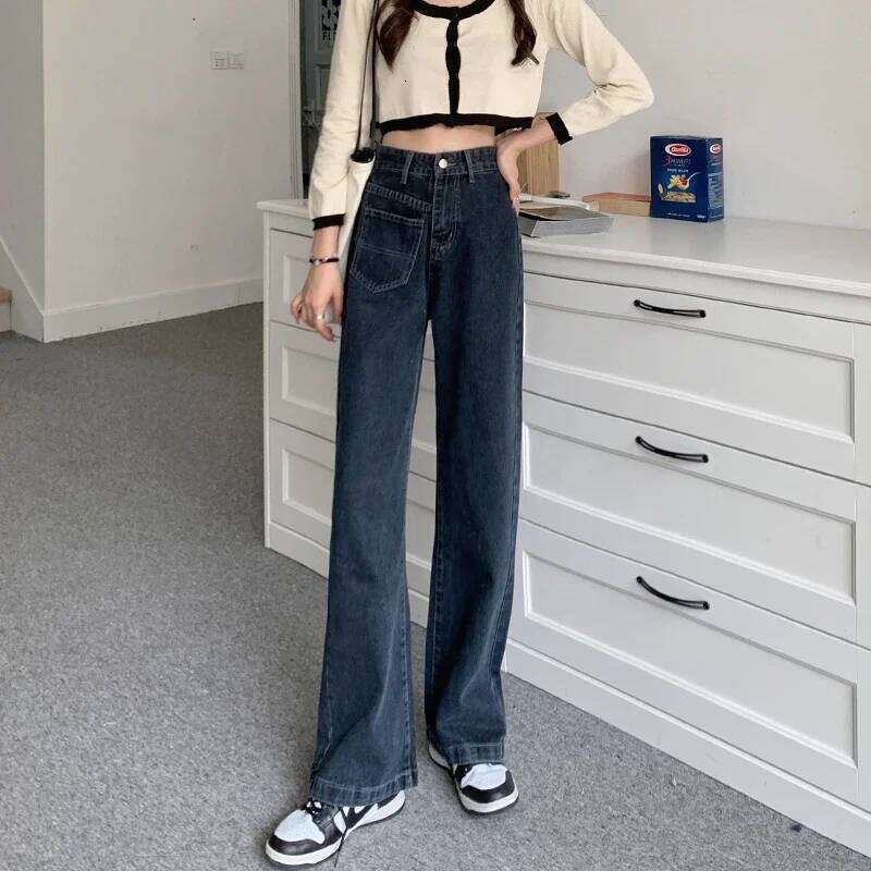 Autumn Spring Women Denim Vintage Straight Trousers Fashion Female Solid Pocket Casual Jeans Wide Leg Pants
