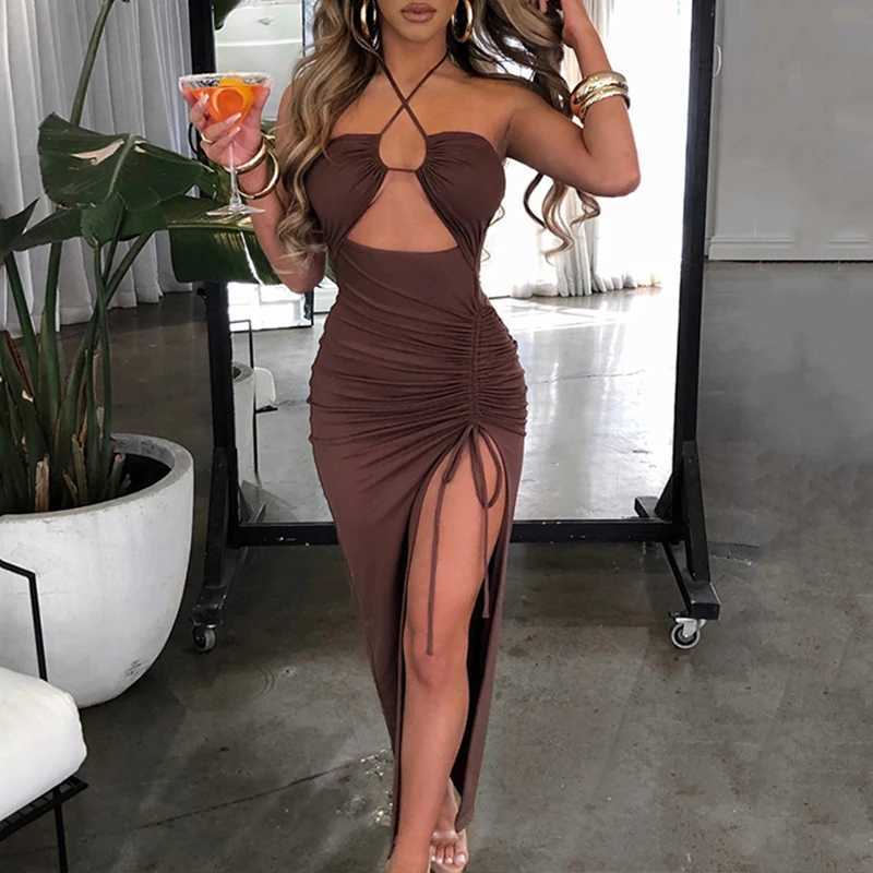 Summer Black Sexy Dress For Women Sleeveless Backless Hollow Out Party Dress Fashion Lace-up Halter Bodycon Ele Split Dress XJ250814