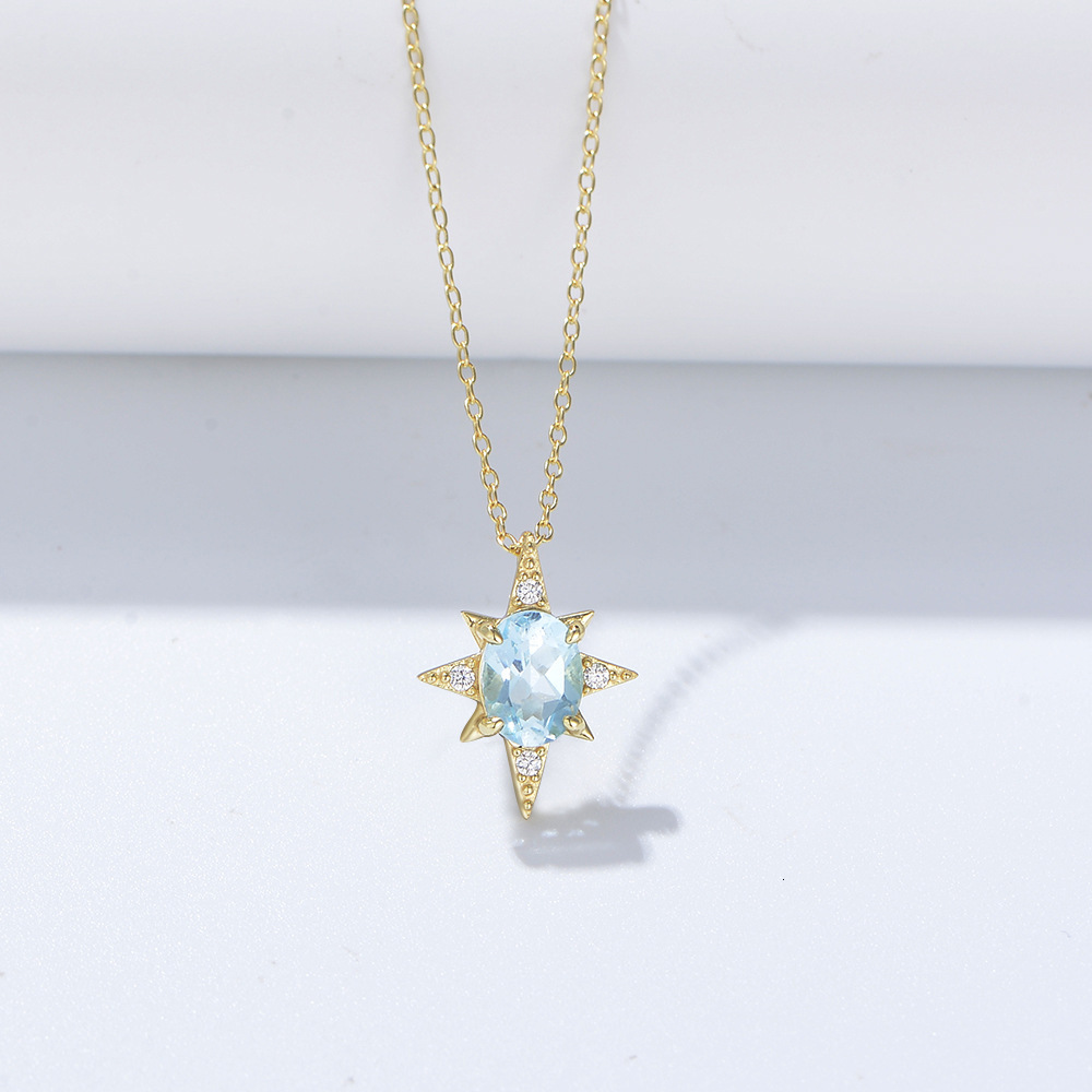 S Pure Sier Eight-Pointed Star Pendant Simple Sky Blue Natural Topaz Collarbone Chain Necklace for Women Trendy