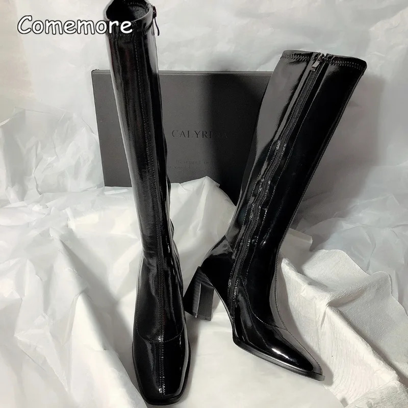 Comemore 2025 High-heeled Tight Boots Simple But Knee-length Boot Square Head Female Fashion Ladies Shoes Sexy Heels 250812