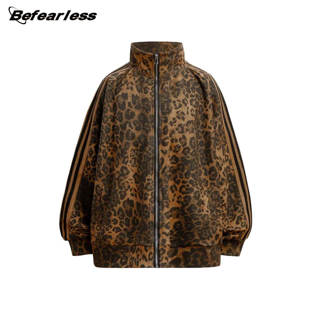 American Style Trendy Leopard Print Design Sweatshirt Set Men Women, Loose Fit, Unique Stand Collar Cardigan Jacket For Autumn And Winter B5
