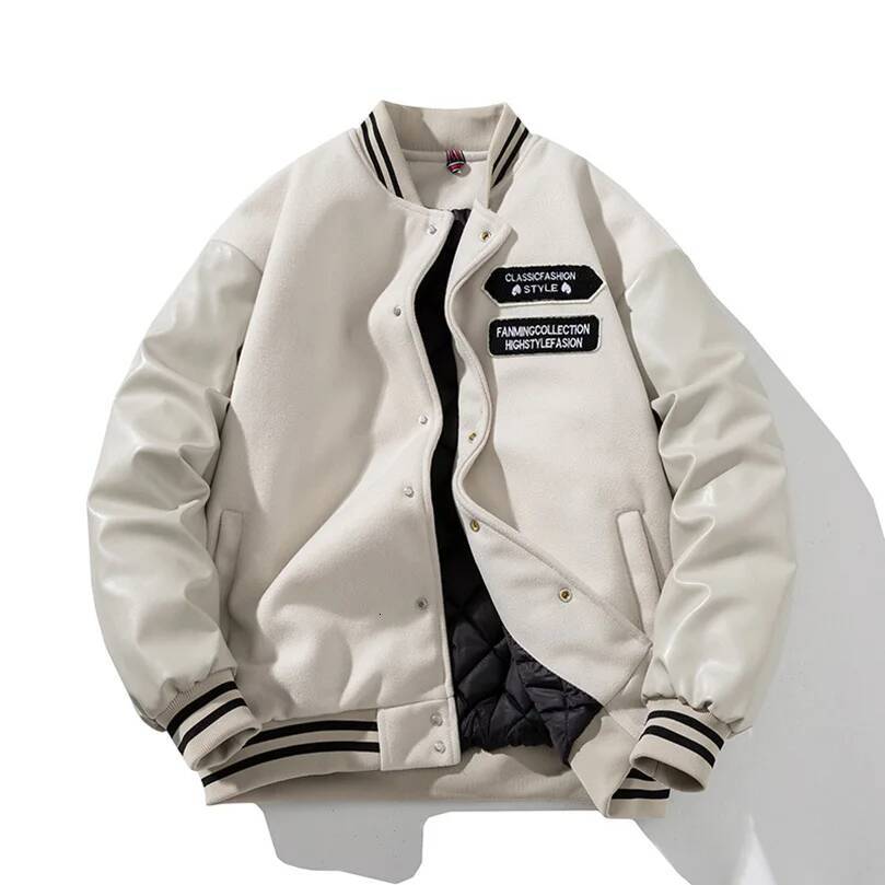 Baseball Jacket Men PU Sleeve Letter Embroidery Bomber Coat Man Vintage Spring Autumn Motorbycle Clothing Z1