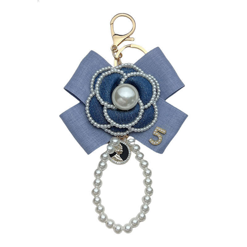 Internet Celebrity Personality Denim Color Bow Camellia Pearl Chain Keychain Car Key Bag Women's Small Pendant