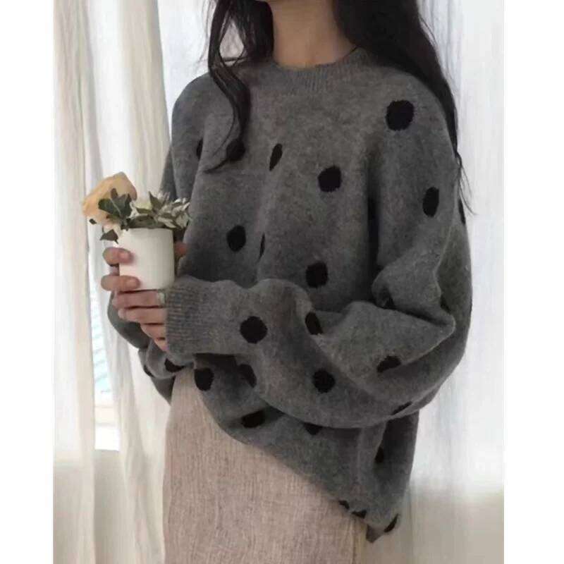 Wave Point Thickened Round Neck Pure Woolen Woman Autumn Winter Lazy Loose Cashmere Knit Bottom Sweater Jacket 20250809