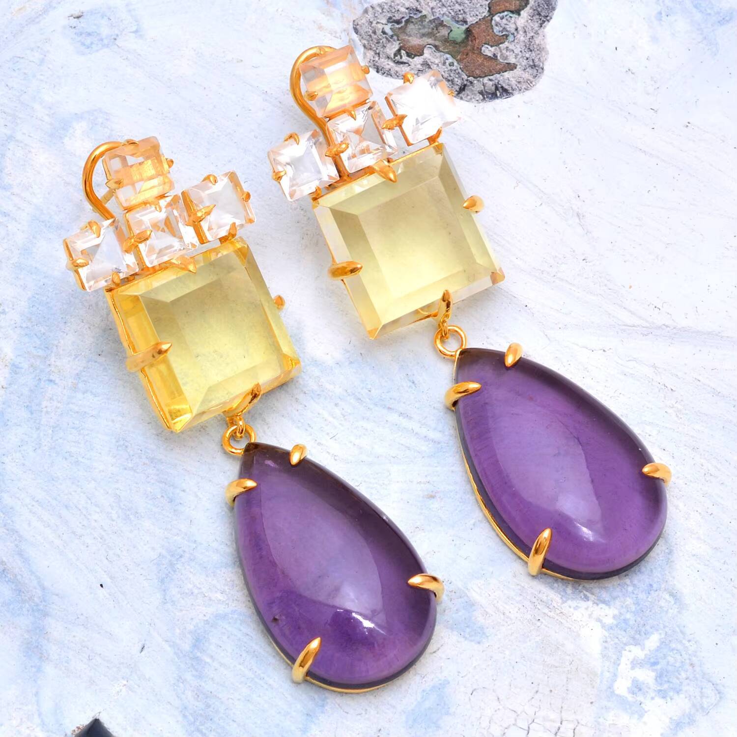 Jewelry Pure Sier Gold Plated Natural Amethyst Drop Pendant Fashion Earrings Price