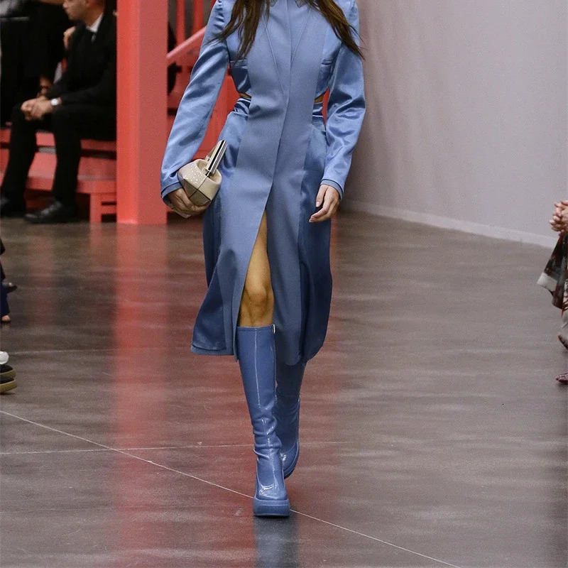 Black White Fashion Show Slope Heel Knee High Boots Womens Party Thick Heel Side Zipper Patent Leather Elastic Boots Size 34-43 250812