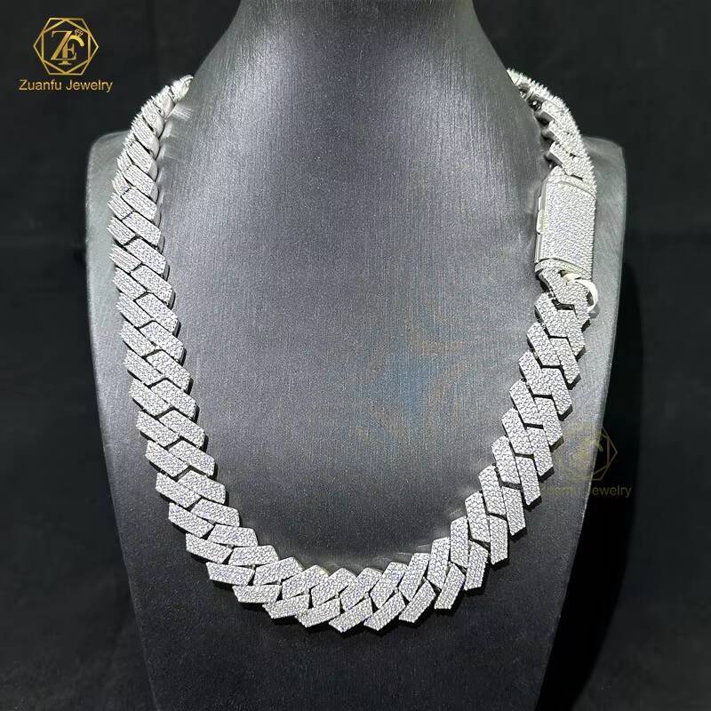 Pass Tester Easily Big Size Width 16mm18mm 20mm Cuban Chain 925S Gold Plated 3 Rows Lab Grown Moissanite Necklace Bracelet Chain