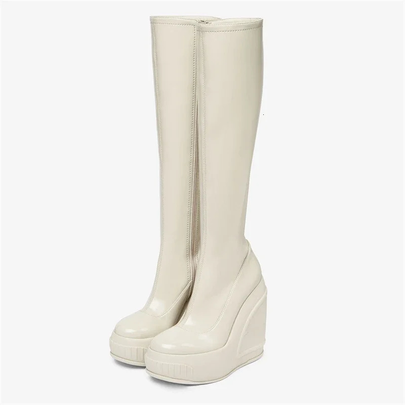 Black White Fashion Show Slope Heel Knee High Boots Womens Party Thick Heel Side Zipper Patent Leather Elastic Boots Size 34-43 250812