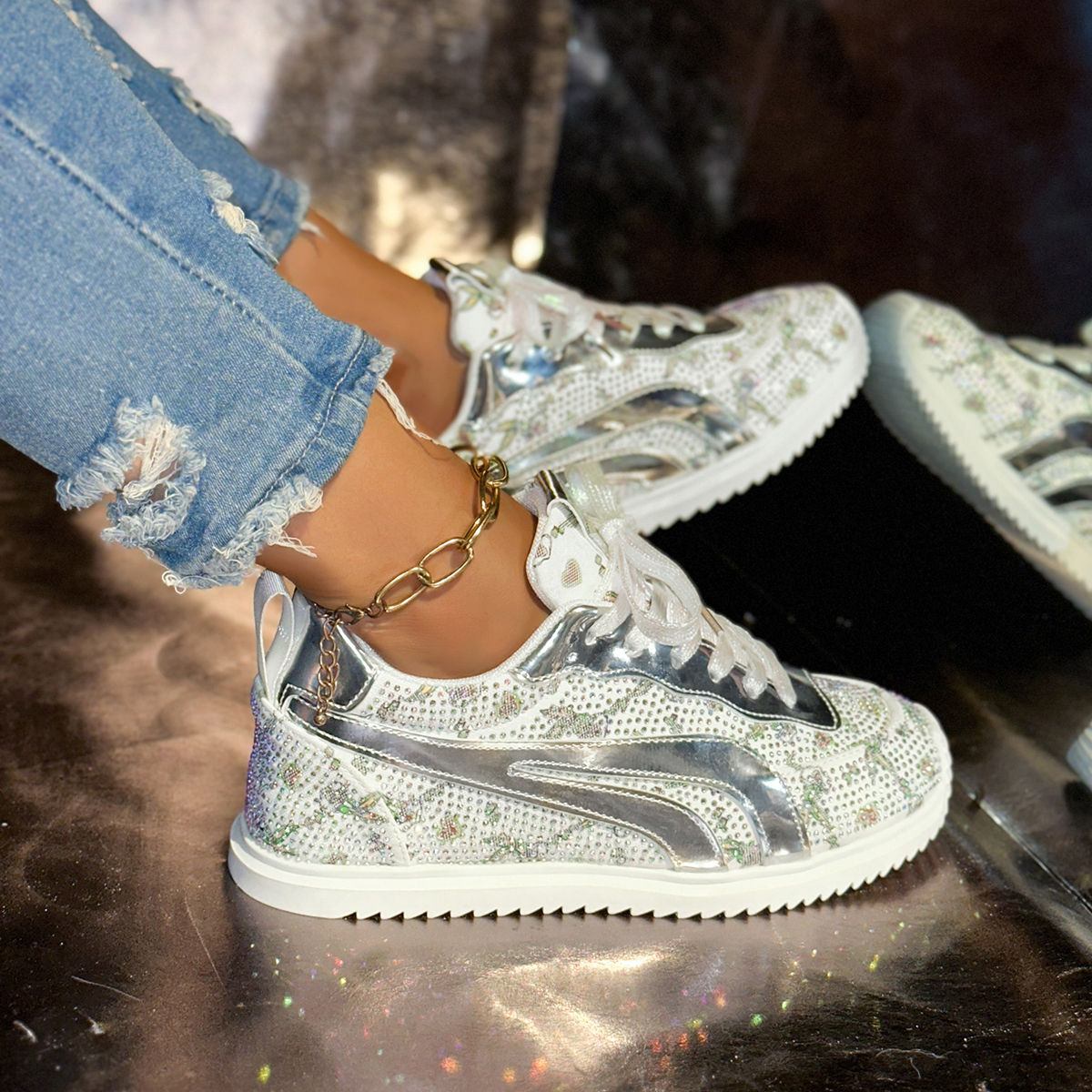 Women's Sneakers Spring Autumn Luxury Rhinestone Ladies Shoes Designer Vulcanized Shoes New Thick-soled Casual Shoes Breathable Designer Athletic