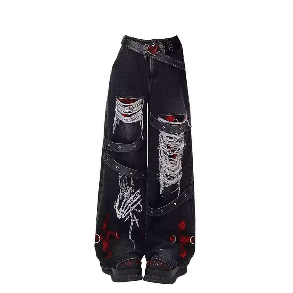Women's Black Gothic Baggy Y2K Japanese Haruku Street High Waist Fashion Loose Wide Leg Retro Jeans Clothing 2025