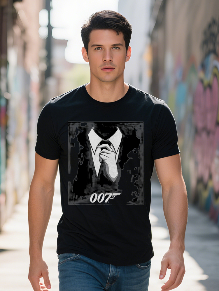Men s Casual Graphic T-Shirt Black with White James Bond Inspired Suit Tie Print Round Neck Short Sleeve Summer