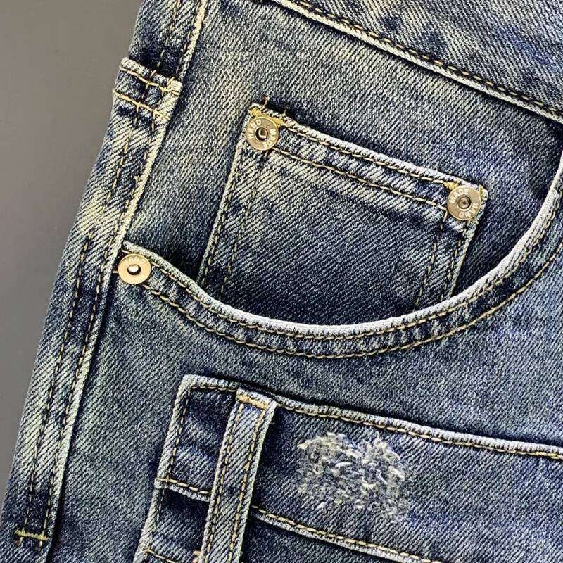 High end retro 2025 new patchwork motorcycle jeans men's fashion Korean version slim fit small straight leg pants