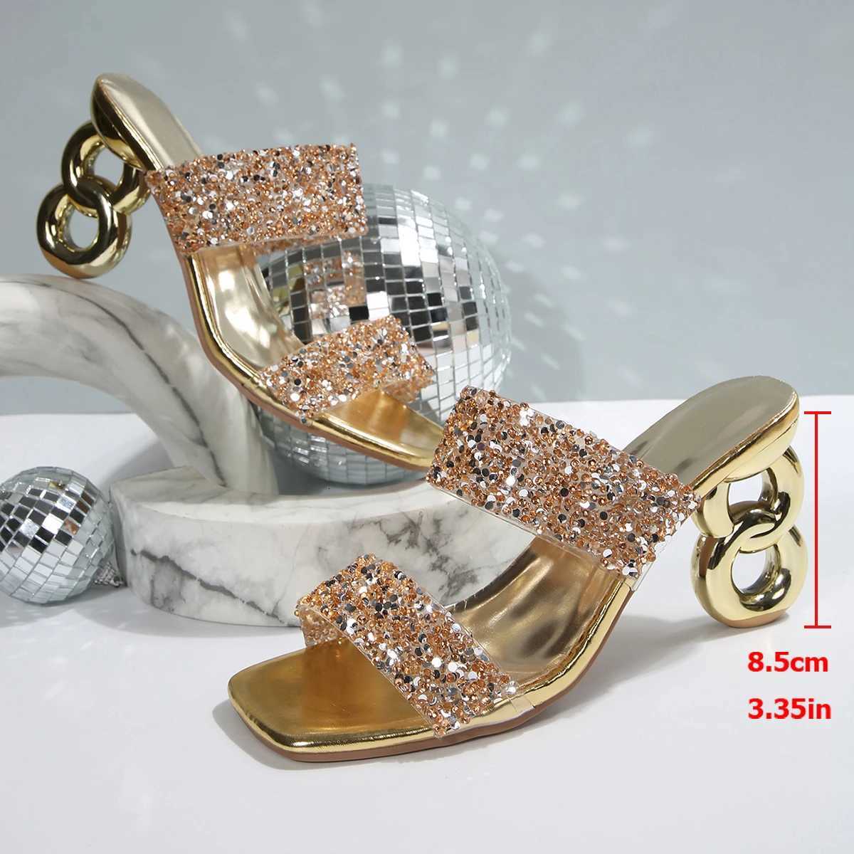Brand Design High Heels Gold Silver Glitter Sandals Women Square Toe Plus Size 35-43 Summer Mule Shoes Gladiator Slippers W250814