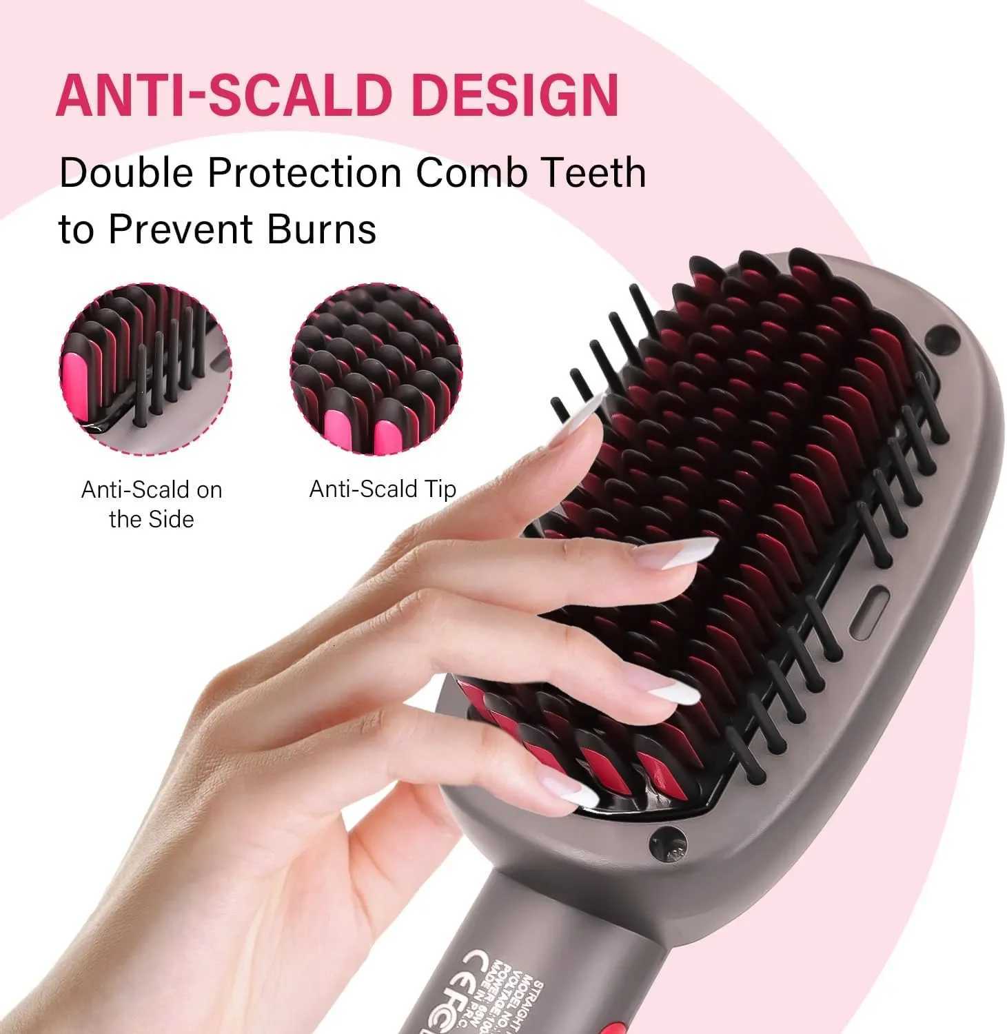 Hair Straightener Brush with Keratin Ceramic Coating Negative Ion Straightening Brush Dual Voltage Hot-air Hair Brush - Black W250814