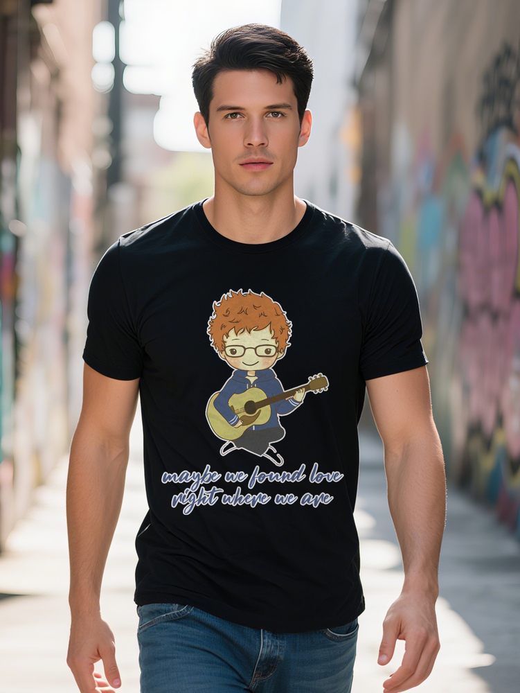 Men s Graphic T-Shirt with Red Haired Cartoon Character Guitar Print Black Round Neck Summer Tee Versatile Casual