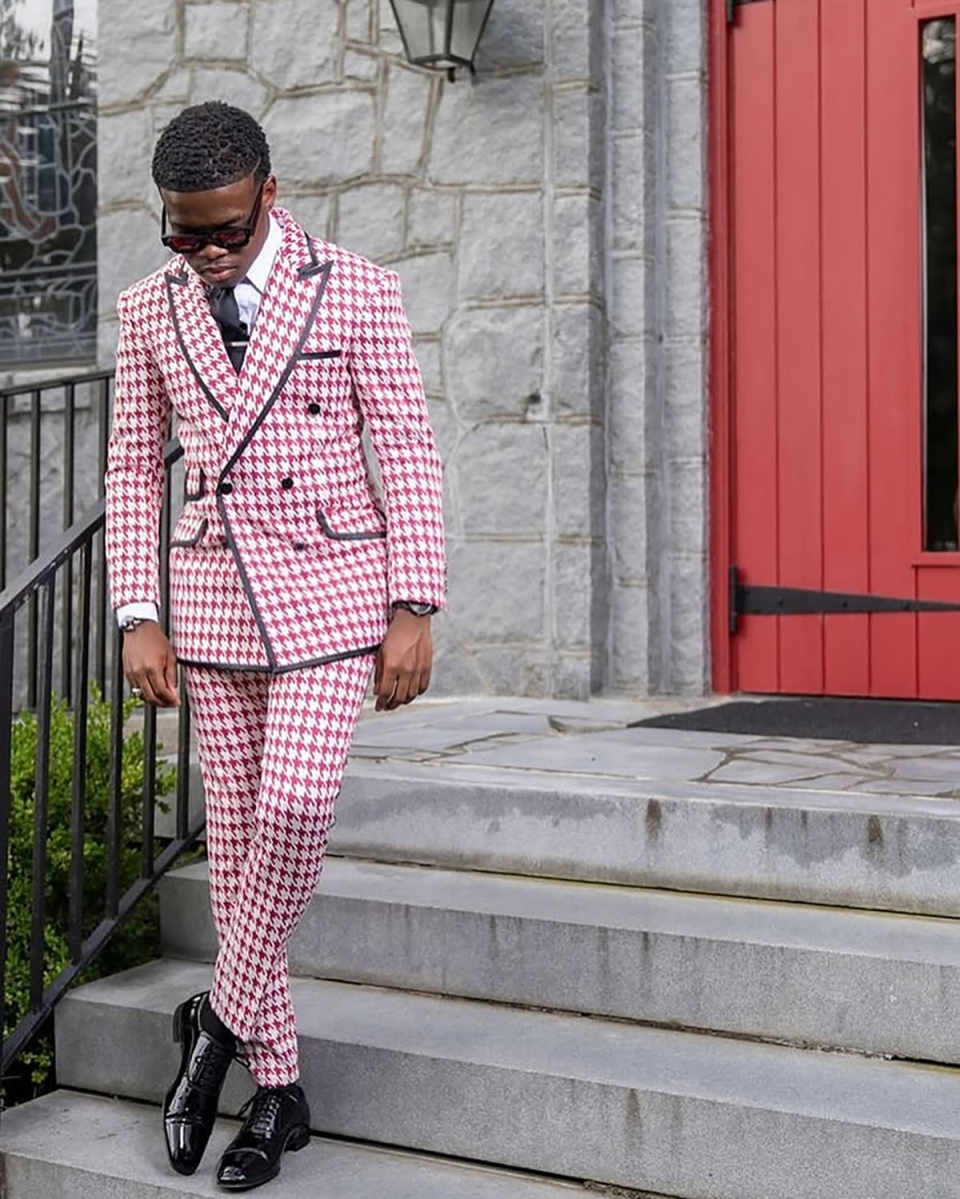 Classic Fit Houndstooth Wedding Tuxedos Peaked Lapel 2 Pcs Jacket Pants Men Suit Double Breasted Evening Party Blazer Customized