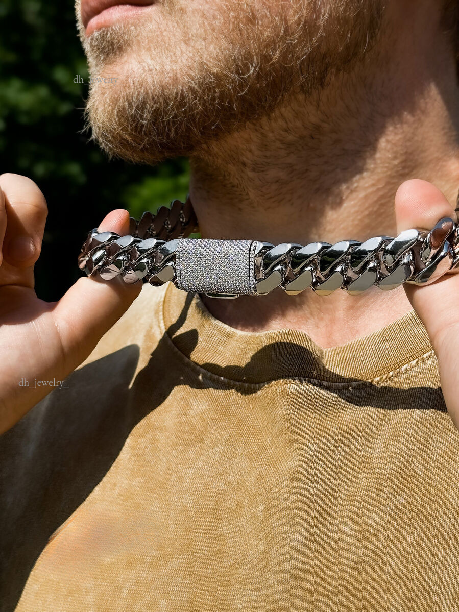 20mm Heavy sier Miami cuban link chains and bracelets with VVS1 Moissanite box clasp, gold plated iced out chain, Boyfriend gift ideas