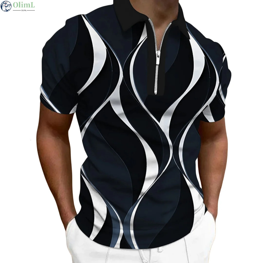 Mens Zip Polo Lapel Polo Shirt Golf Shirts Graphic Prints Geometry Linear Turndown Short Sleeves Zipper Clothing Tops er 250813