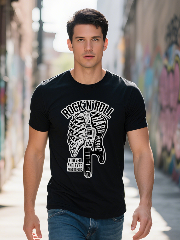 Men s n Roll Graphic T-Shirt Black with White Guitar Ribcage Print Forever Free Slogan Casual Round Neck Summer
