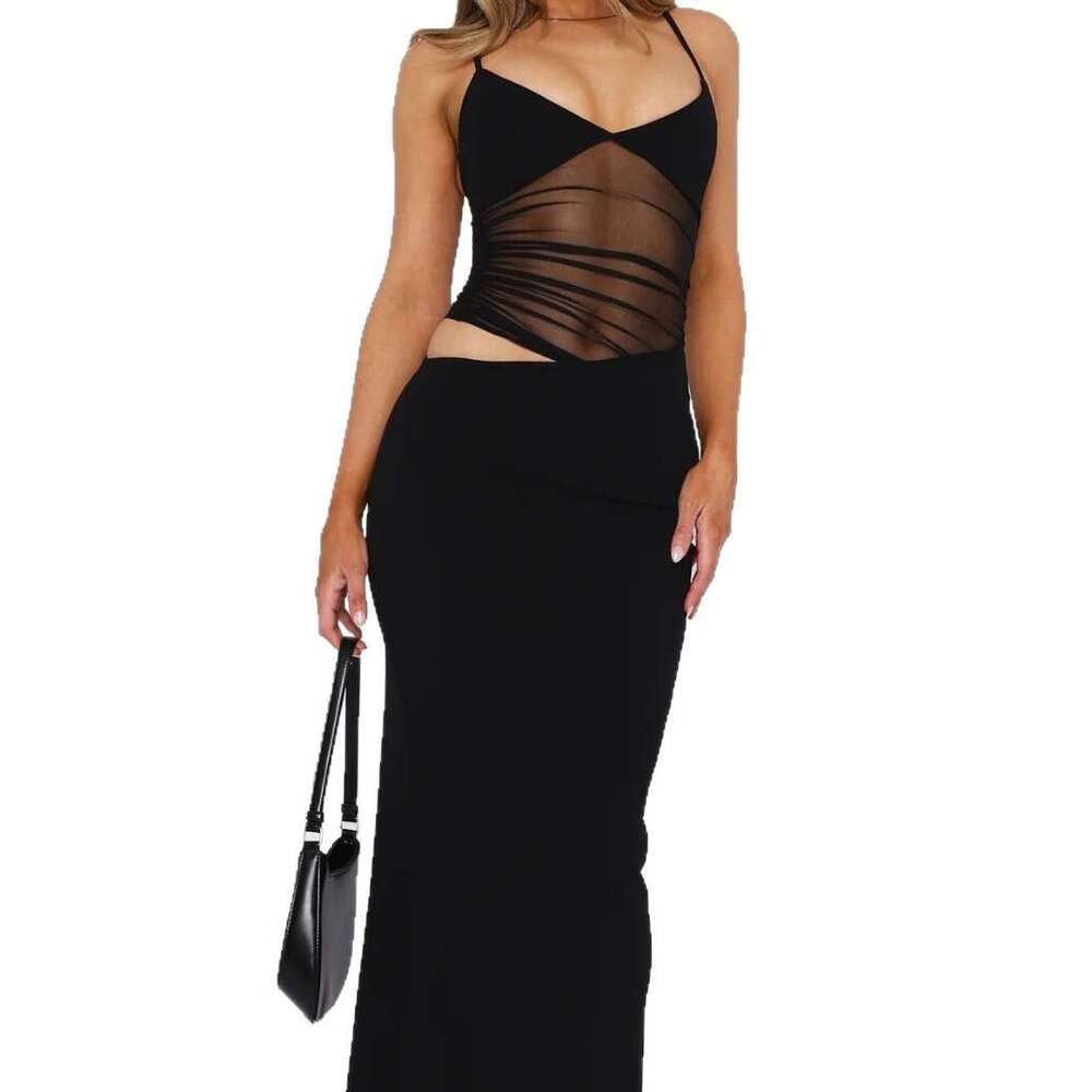 G25D084 V-Neck Solid Color Waist Back Mesh See-Through Sexy designer t shirt Hot Girl Slit Dress