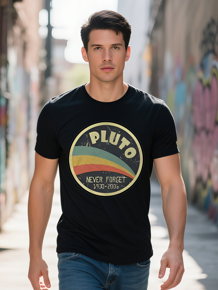 Men S Casual Round Neck T-Shirt with Vibrant Pluto Graphic Never Forget Retro Design Lightweight Regular Fit