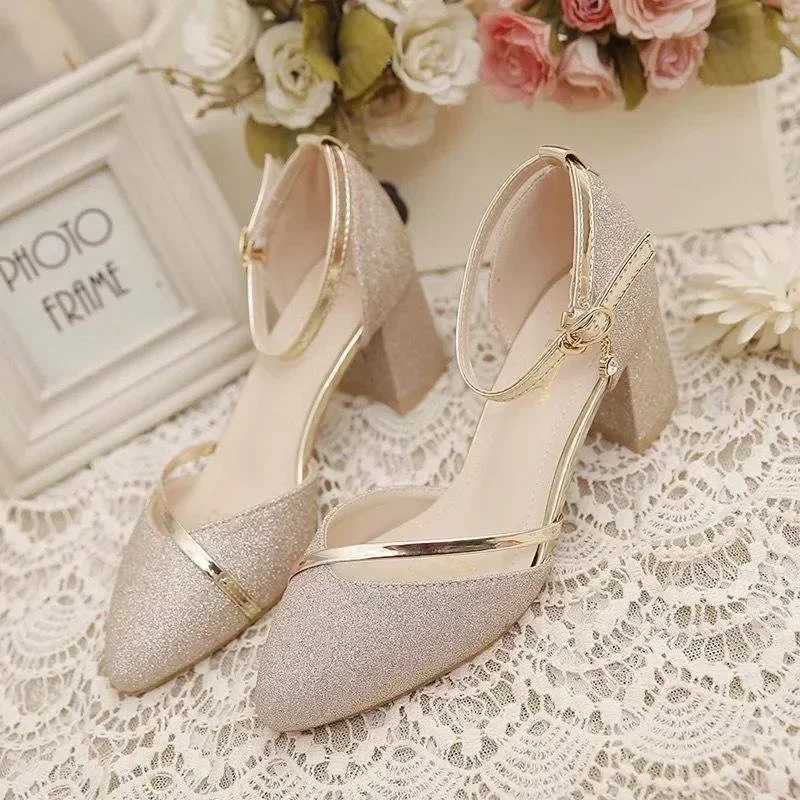 New Baotou Sandals Female Korean Version Pointed Root Thick Heel Womens Shoes One Word Buckle Fashion Sandals Womens Shoes W250814