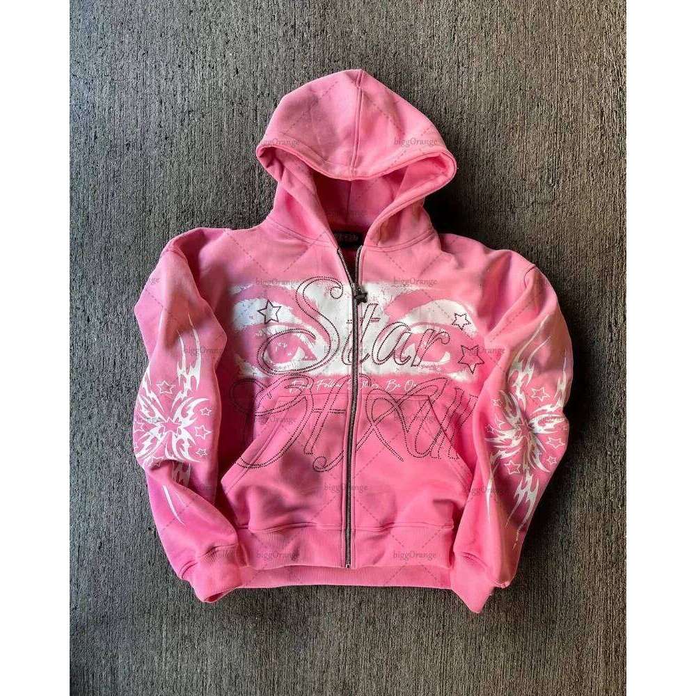 Y2k Haruku Retro Eye Pattern Casual Loose Zipper Hoodie Men American Street Hip-Hop Fashion Punk Oversized Sweatshirt Women