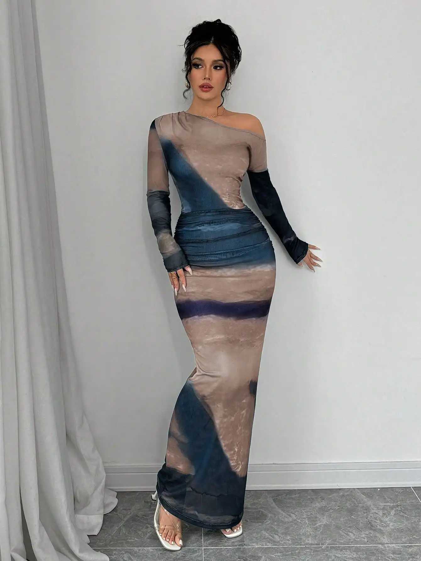 Long Tie-Dye Green Foldover One Shoulder Pleated Bodycon Maxi Dress Women OutfitXJ250814