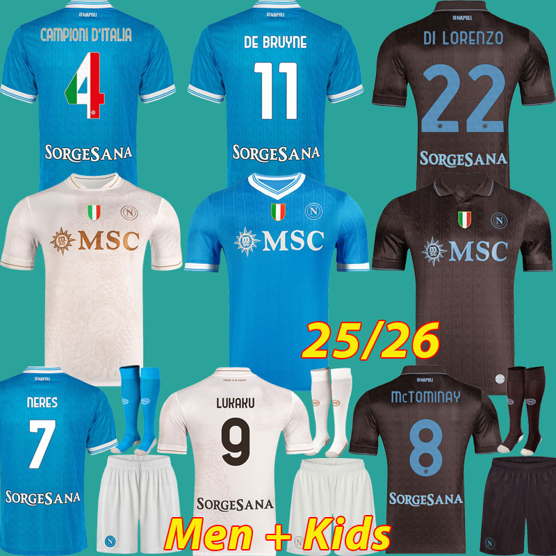 2025 2026 KVARATSKHELIA DE BRUYNE NAPOLI soccer jerseys CAMPIONI D'ITALIA Maglia SSC NERES Naples NUNEZ Limited edition SIMEONE LUKAKU RASPADORI Maillots KIDS Kit