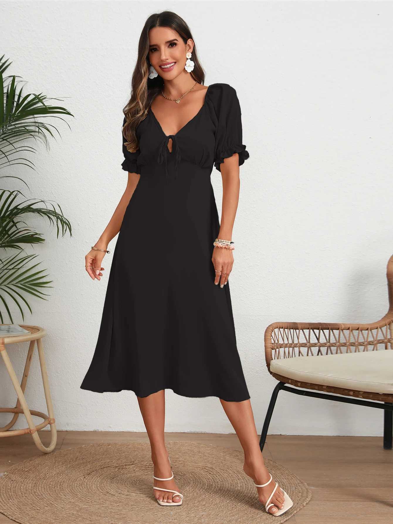 Summer Solid Color Ele Womens Dress New Back Lace Up Deep V Neck Lantern Sleeve Long Dresses XJ250814