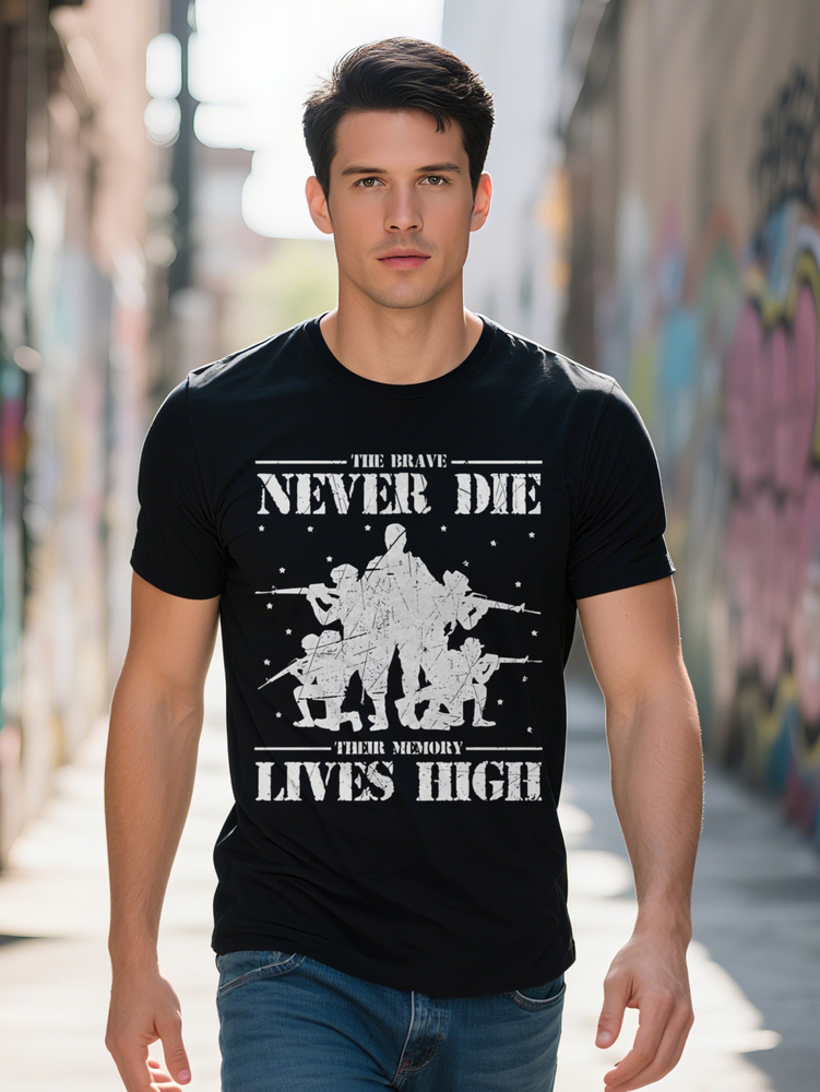 Graphic T Shirt Black with White Soldier Silhouette THE BRAVE NEVER DIE Motivational Print Summer Tee