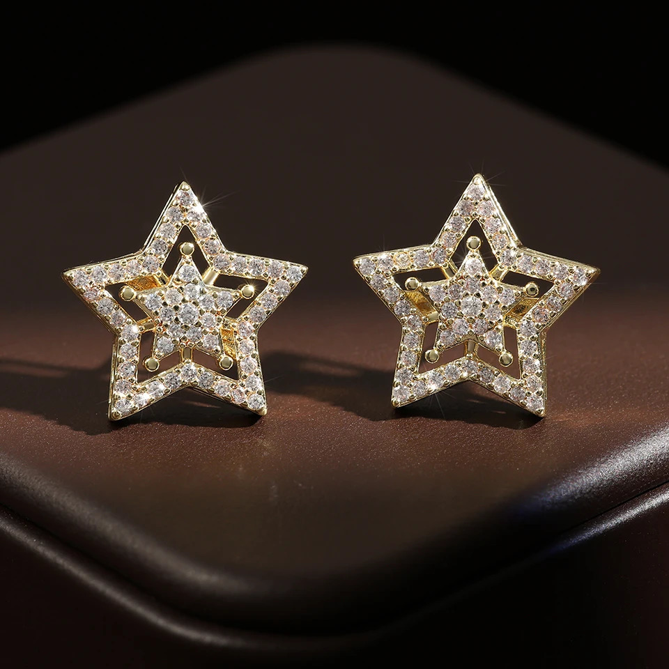 Fashion Hollow Five-pointed Star Cubic Zirconia Earring Men Gold Color Copper Metal Couple Earrings Party Daily Jewelry 250812