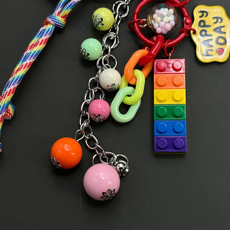 Ins Rainbow Beads Novel Personalized Hanging Chain Car Phone Case Key Bag Pendant For Men And Women Hanging Chain Jewelry 250811